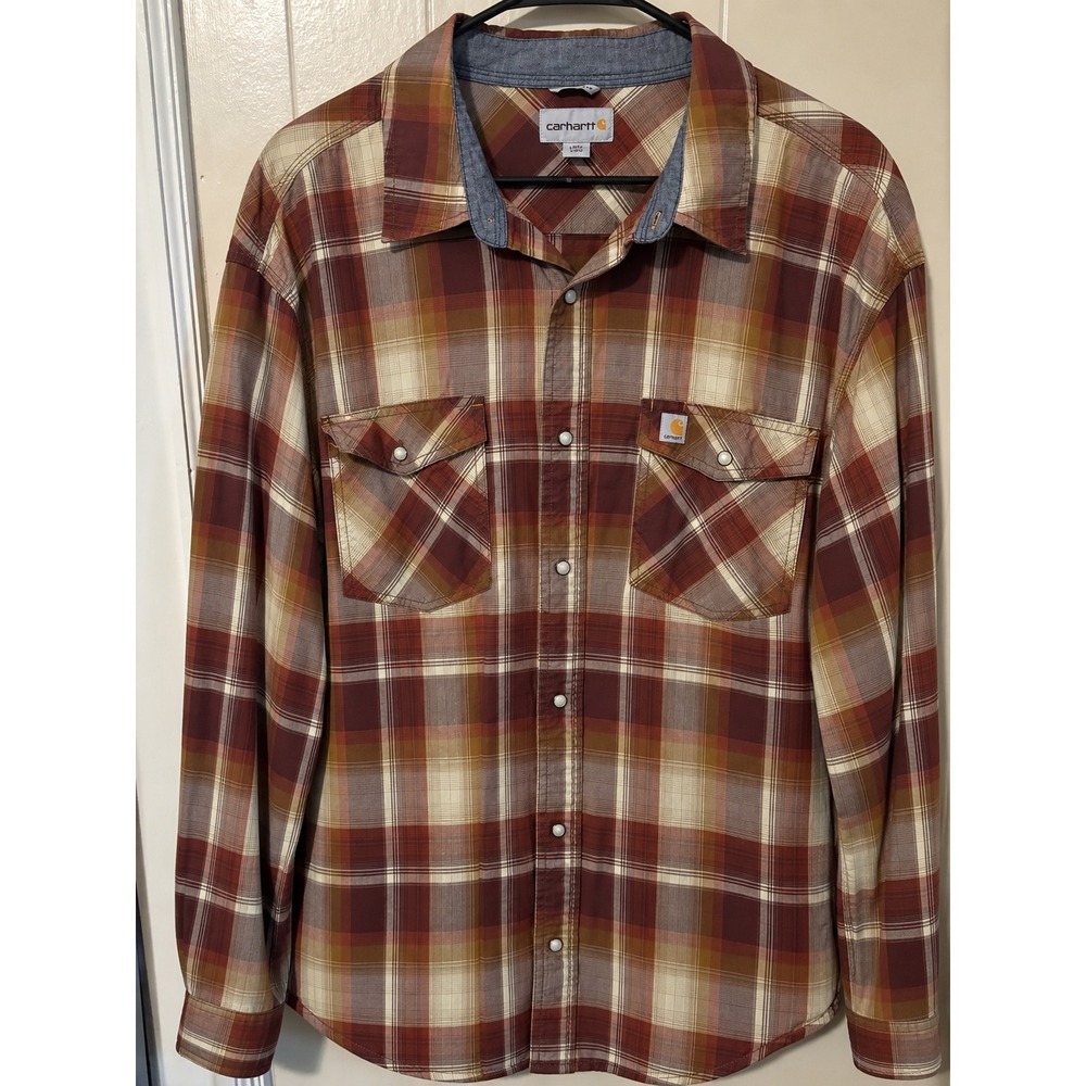 Carhartt Mens Relaxed Fit Plaid Pearl Snap Long Sleeve Shirt Brown 3XL Regular